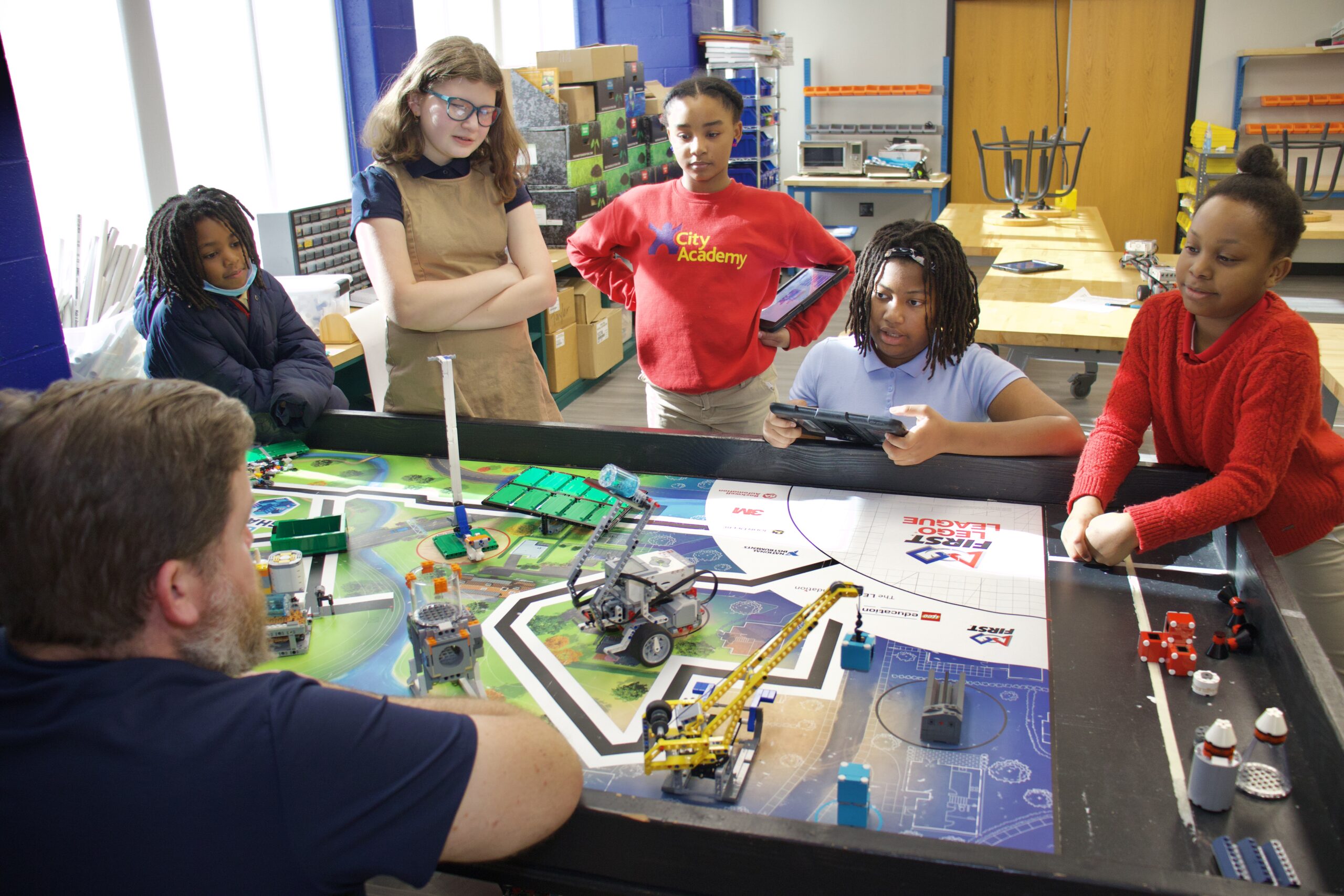 Students working on LEGO robotics